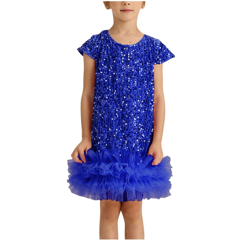 Lcziwo Girls Sequin Dress Shiny Short Cap Sleeve Midi Sparkly Party Dress Kids Petite A Line Glitter Performance Dresses, Blue, 6-7 Years, Kids Unisex