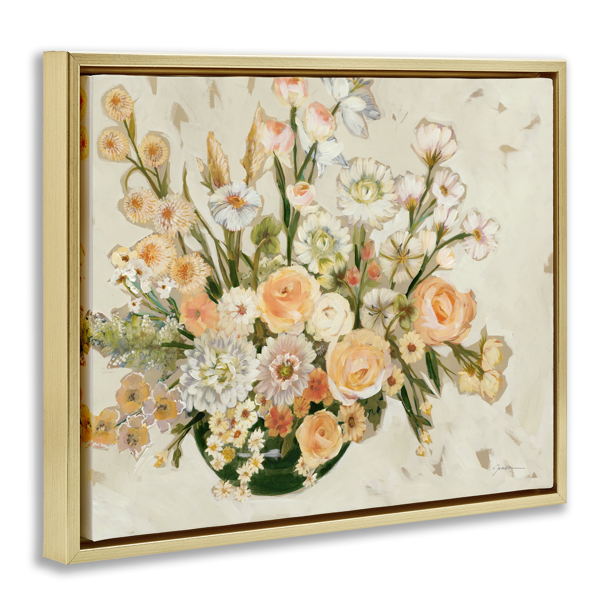 Stupell Industries Beige Shabby Chic Flowers Floral & Botanical Painting Gold Floater Framed Canvas Art Print Wall Art, 31 x 25
