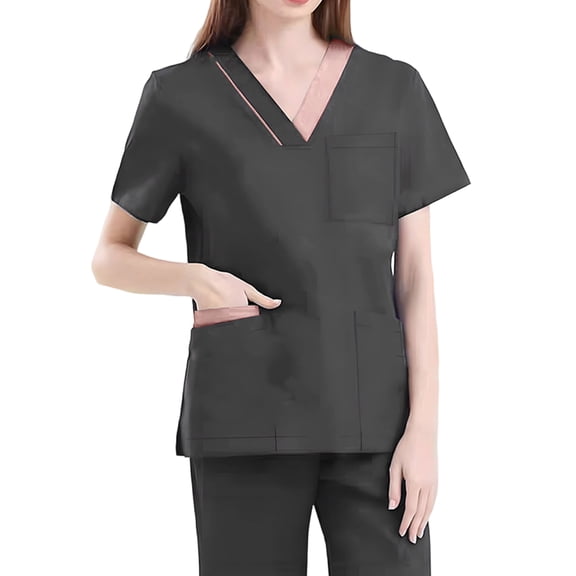 Women's Uniform Set - V-Neck Scrub Top & Straight Leg Scrub Pants with Multi-Pocket, Yoga Waistband, 4-Way Stretch,Dark Gray L