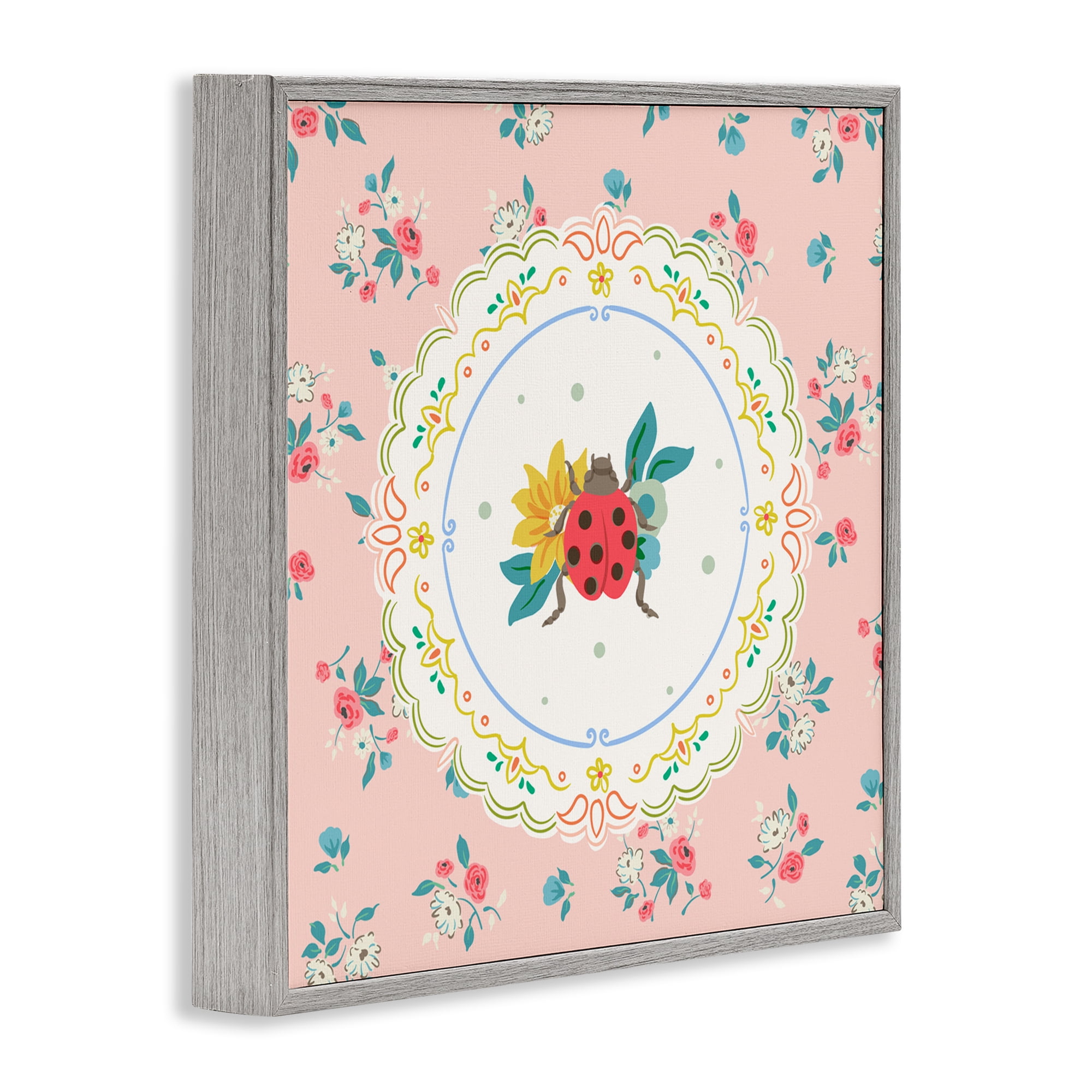 Spring Lady Bug Lace Pattern Gray Framed Giclee Art, design by Angela Steahling