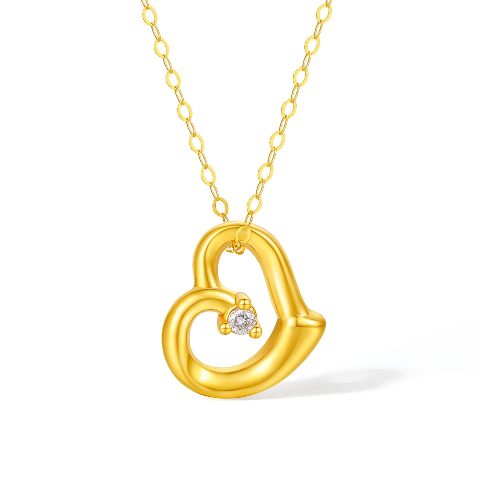 ZHOU LIU FU 18K Yellow Gold Heart Pendant Necklace with Diamond for Women, Openwork Charm Fine Jewelry Birthday Anniversary Gift for Women 15.7''-17.7''