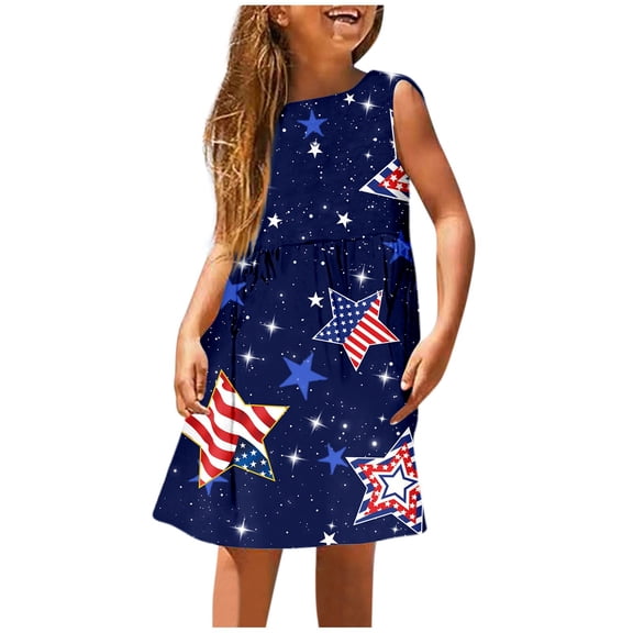 Glisme Fashion Girls Dresses Size 7-8 Y 4Th Of July Sleeveless Dress Cute Patriotic Flag Print A Line Stretchy Comfortable Summer Casual Play Dress For Toddler Kids Navy Sundress For Girl