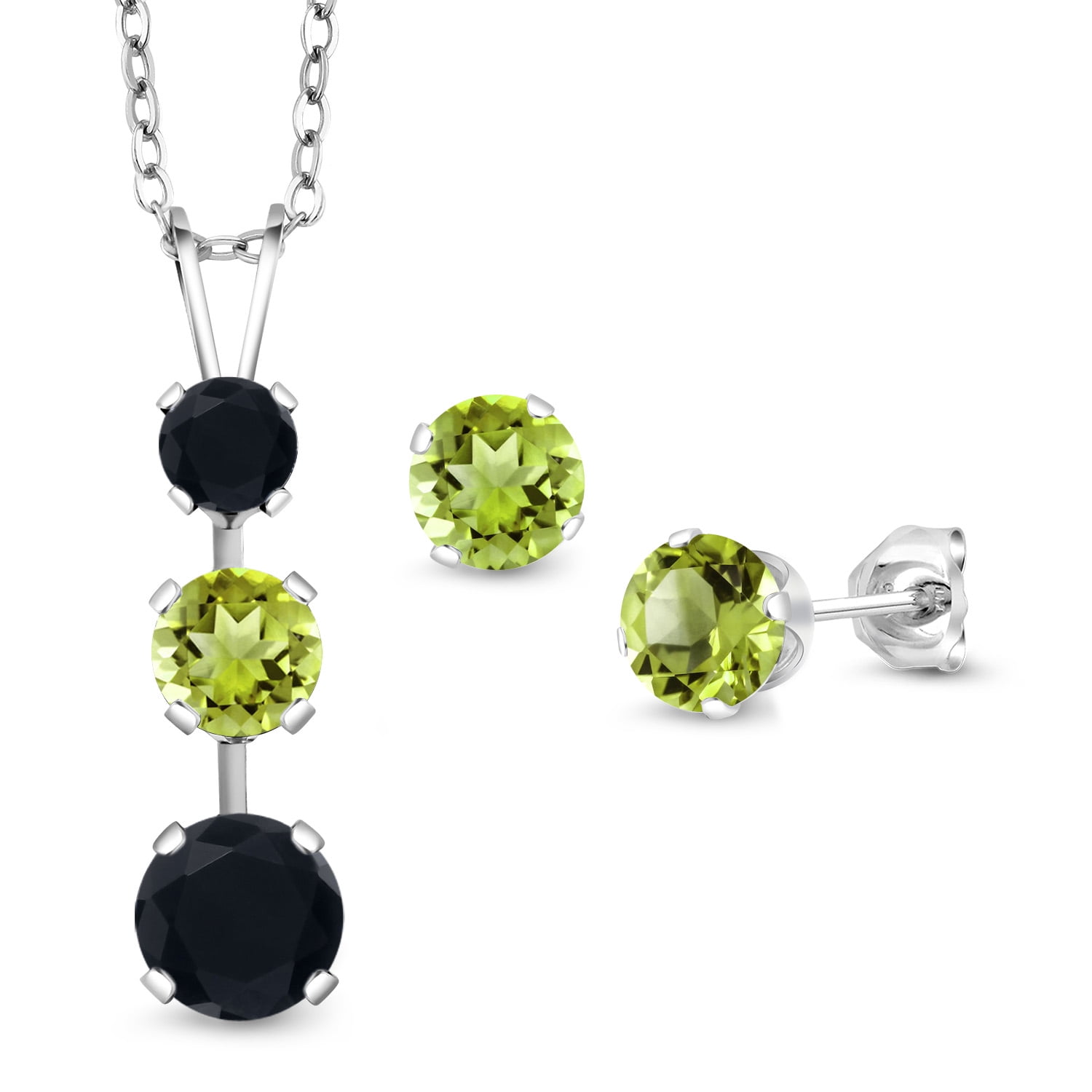 Gem Stone King 925 Sterling Silver Black Onyx and Green Peridot Pendant and Earrings Jewelry Set for Women (2.67 Cttw, Gemstone December Birthstone, with 18 inch Chain)
