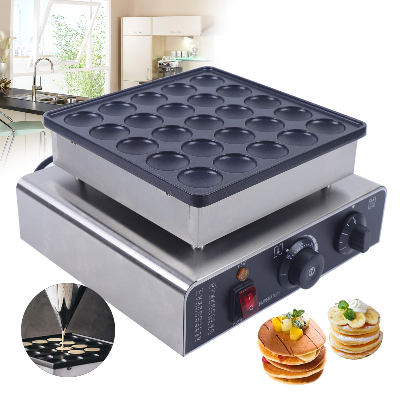 Loyalheartdy 25 Holes Commercial Dutch Mini Pancake Maker Nonstick Electric Waffle  Baker Muffin Machine 110V