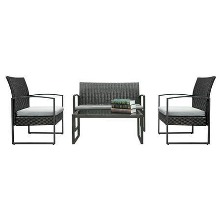 Wicker Porch Furniture Clearance 4 PCS Outdoor Patio Furniture Sets Clearance, Wicker Patio Furniture Sets with 1PC Love Seat, 2PCS Single Sofas, 1PC Rectangular Coffee Table, 3PCS Cushions, Chat Set for Porch Poolside Balcony ,Q1290 ()
