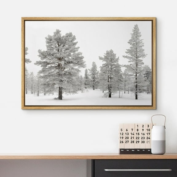 IDEA4WALL Framed Canvas Art Wall Decor Winter Pine Rustic Realism forest Serene Snowy Landscape Black & White Plants Photography Print Rustic Realism for Dorm Home Office - 16"x24" Natural