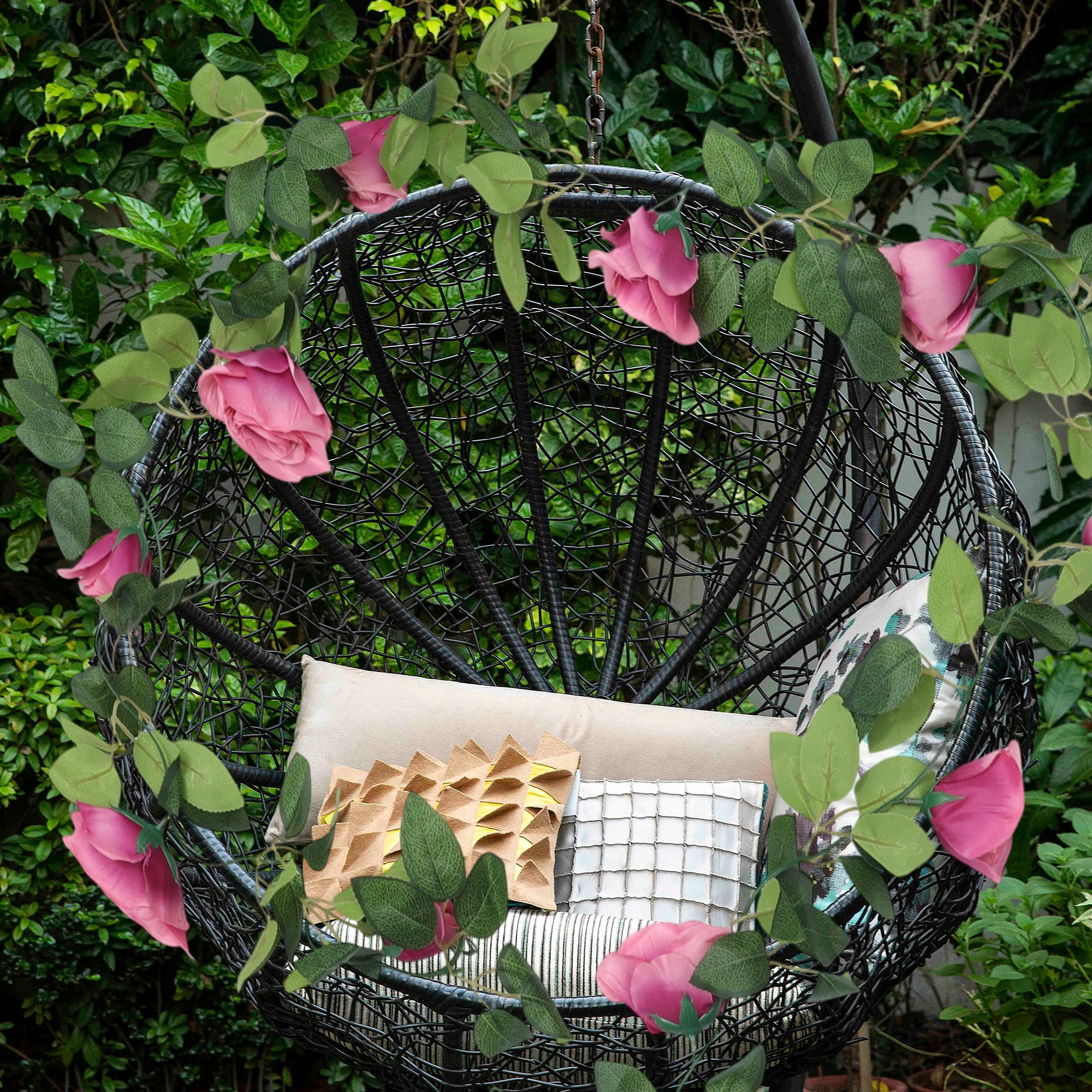 Unique Bargains 2pcs Artificial Flowers Hanging Vine 90.55" Rose Vine Garland Pink