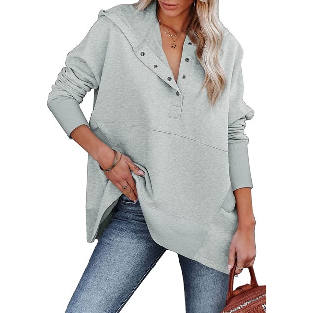 Femmes Casual Bouton V Sweat à Capuche Pull Oversize avec Poches