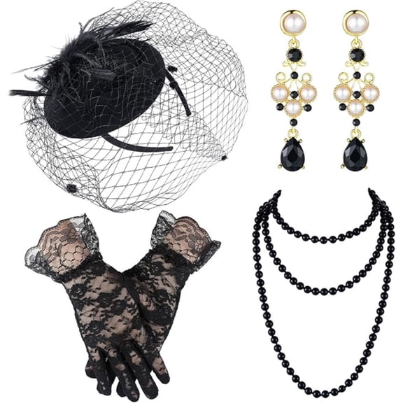 4-Piece Vintage Fascinator Set – Elegant Lace Gloves, Veil Hat & Jewelry for Women, Tea Party & Wedding Occasions
