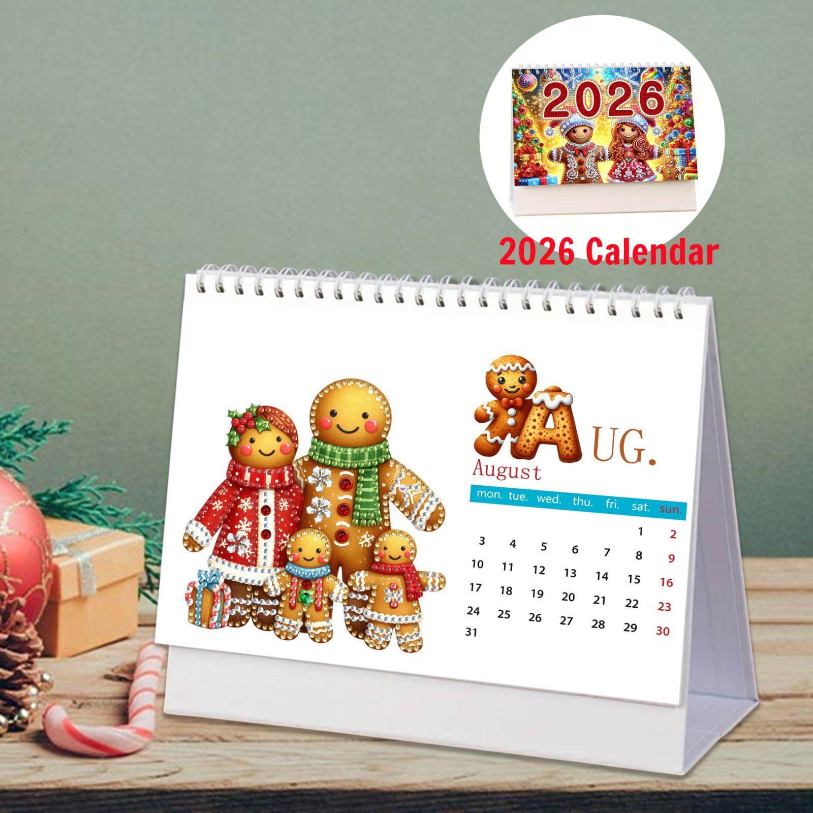 FLOPESN 2026 DIY Diamond Art Painting Desk Calendar,Thick Paper Monthly Flip Tabletop Calendar with To Do List for Home Office Planning-Gingerbread Man