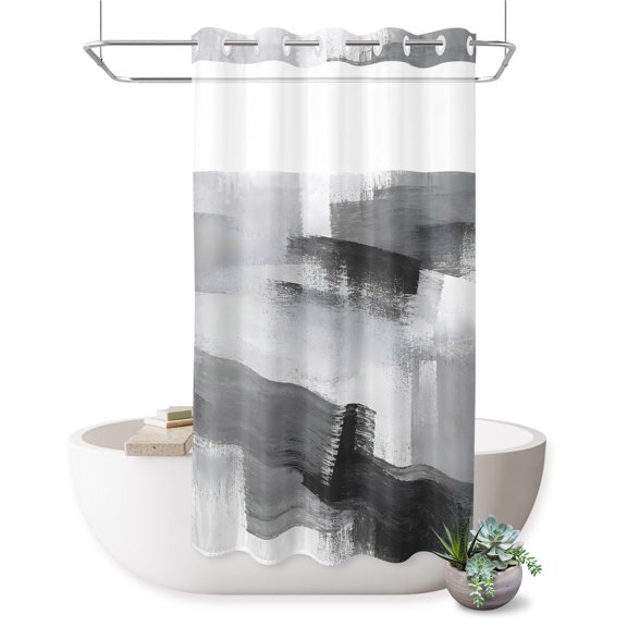 No Hook Shower Curtain, Black Grey Abstract Shower Curtains for Bathroom with See Through Top Window, Gradient Modern Geometric Simple Art Waterproof & Washable Bath Curtain Stand Up Stall 36"x72"