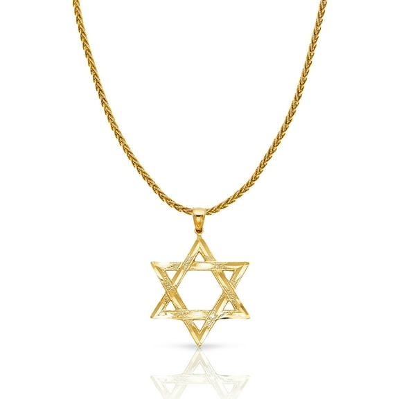 14K Yellow Solid Gold Star of David Charm Pendant with 1.4mm Round Wheat Chain Necklace