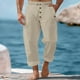 thumbnail image 1 of Pantalones largos para hombre, informales, de playa, de lino, de color liso, holgados, con cordón ajustable y bolsillos con botones, de poliéster., 1 of 9