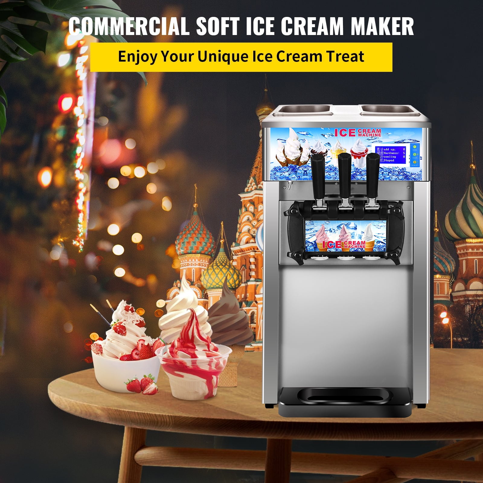 SHENGJINSH 1200W Ice Cream Machine, 18L/H Soft Serve Machine, Countertop Ice Cream Maker with 3 Flavors LCD Panel