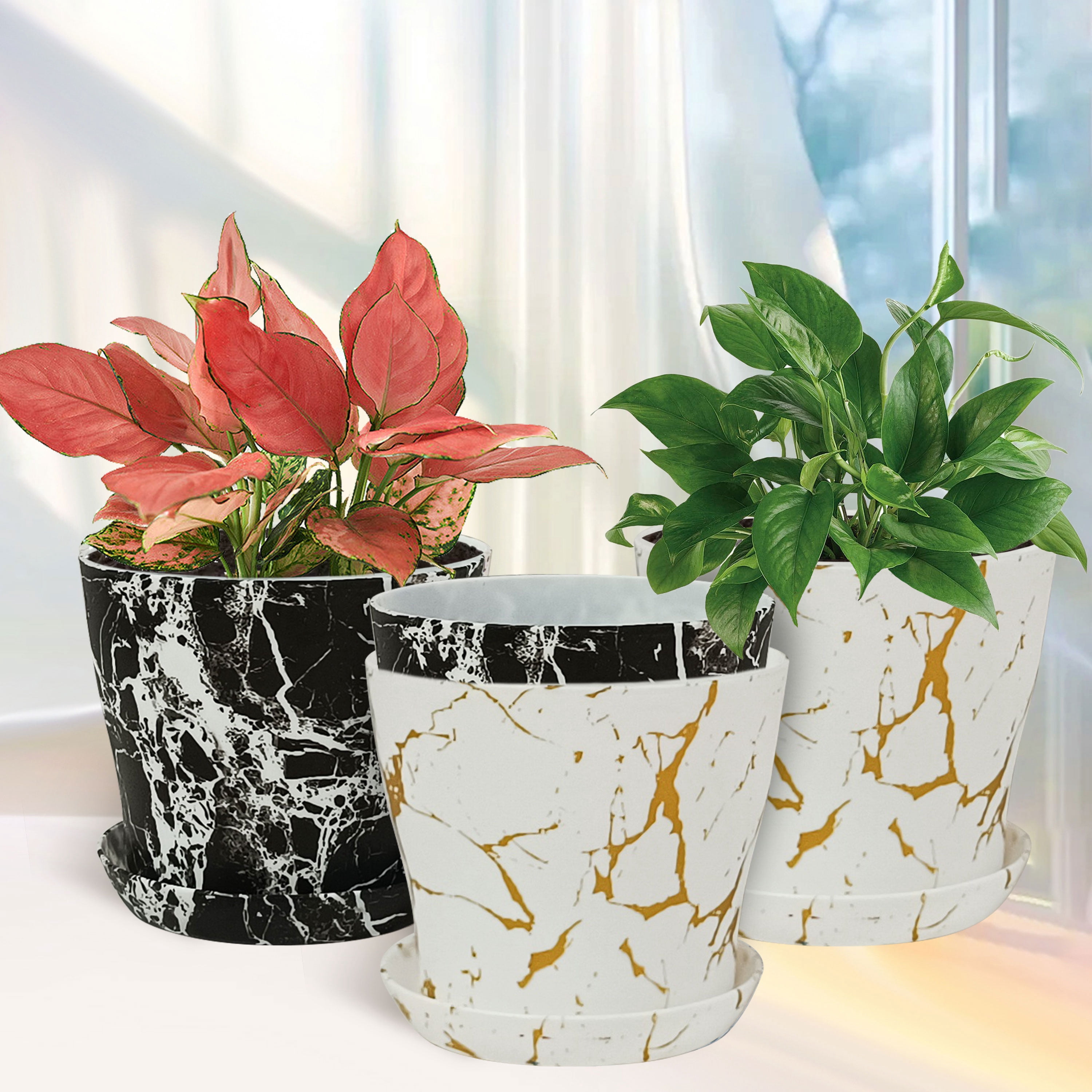 Set of 4 Plastic Printed Planters with Drainage Holes and Saucers,Diam 4.7Inch Home Decor Flower Pots for Indoor Planter - Plastic Planters Pot for Indoor Plants, Cactus, Succulents