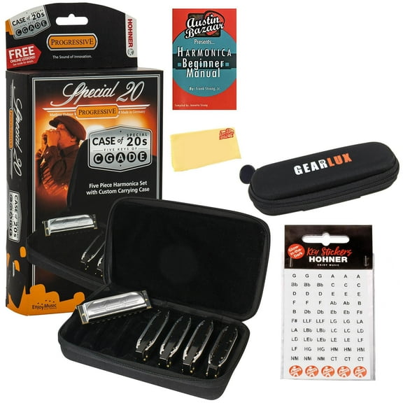 Hohner Special 20 Harmonica - Keys of G, A, C, D, E Bundle with Case, Zip Pouch, Key Stickers, Manual and Austin Bazaar Polishing Cloth