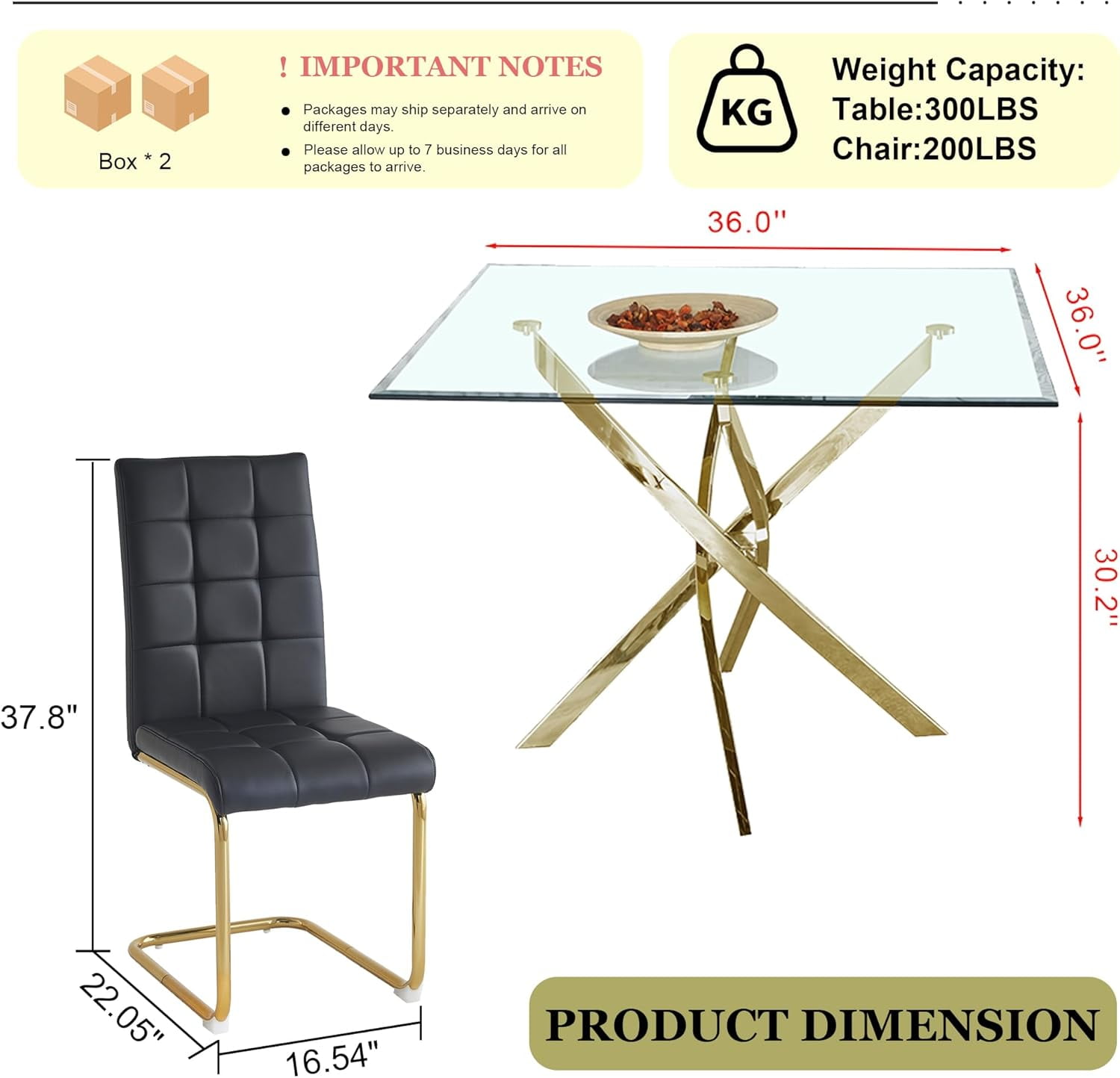 5-Piece Dining Table Set, 36" Square Clear Tempered Glass Table & 4 PU Cantilever Chairs with Stainless Steel Legs, Dining Table Set for Small Space, Apartment, Home Office