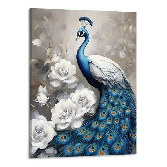 JRXY Peacock Decor Wall Art Peacock Pictures Bathroom Decor Canvas Print Framed Modern Painting for Kitchen Bedroom Living Room - 16x20 16x20in