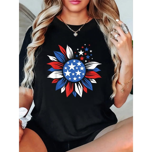 100% Cotton America Sunflower 4th Of July Patriotic American 4th Of July T-Shirt Women's Graphic Tee Casual Tops