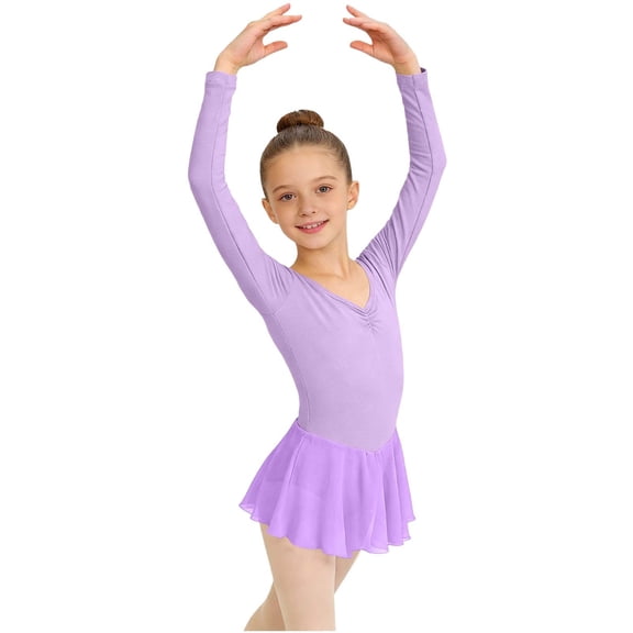 Girls Skirted Leotard Ballet Dance Dress Long Sleeve V-Neck Chiffon Skirt Purple Kids 3-15 Years,Size 9-10 T