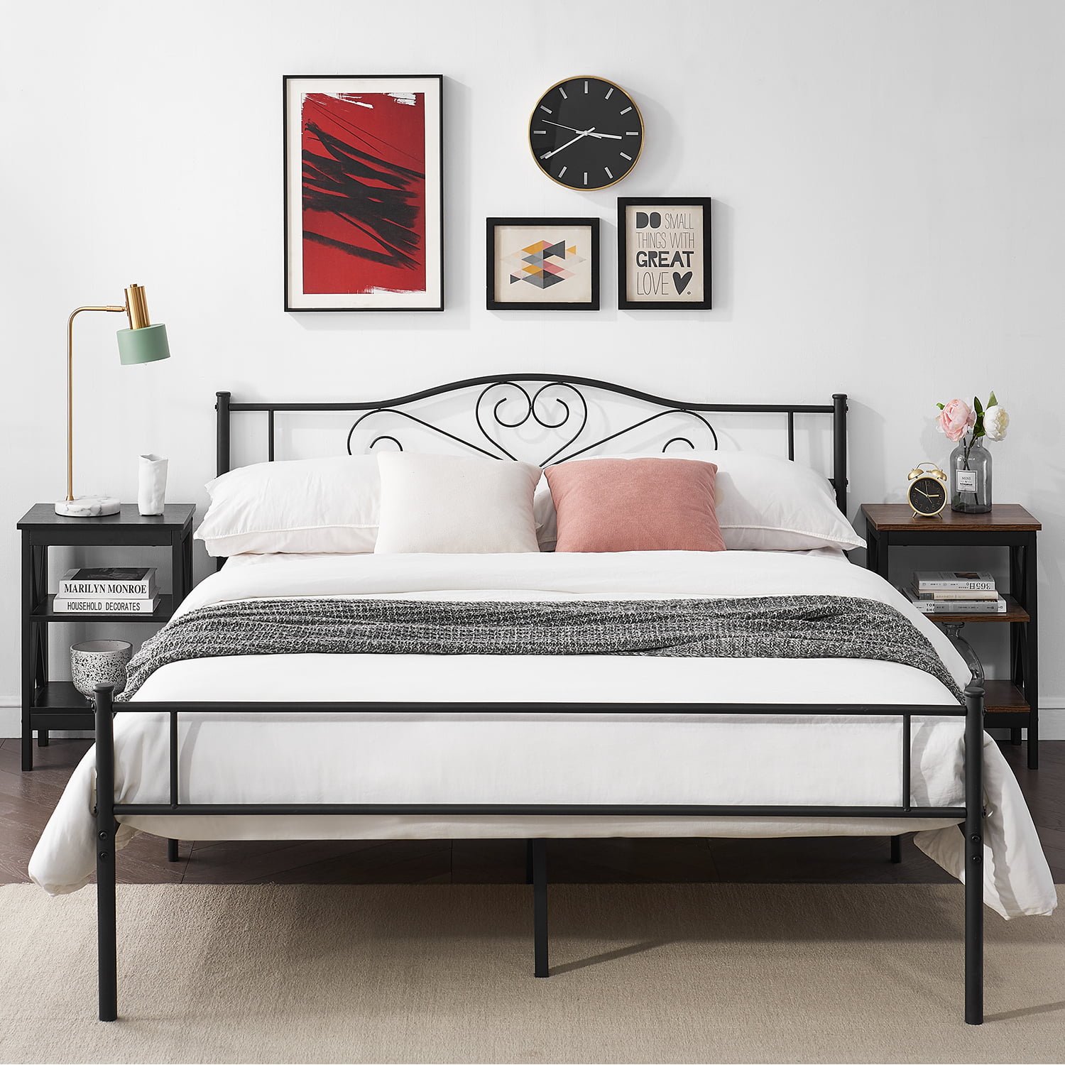 VECELO Modern Queen Size Metal Platform Bed Frame with Two Headboards