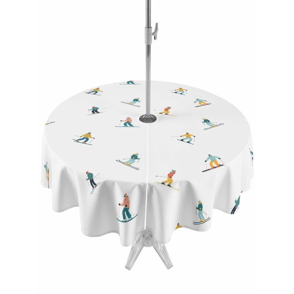 Outdoor Tablecloth with Umbrella Hole and Zipper, Skiing Round Table Cloth 54 Inch Waterproof Tablecloth, Winter Snow Ski Sports Cartoon Boys Girls Skier Picnic Table Cover for Patio Camping