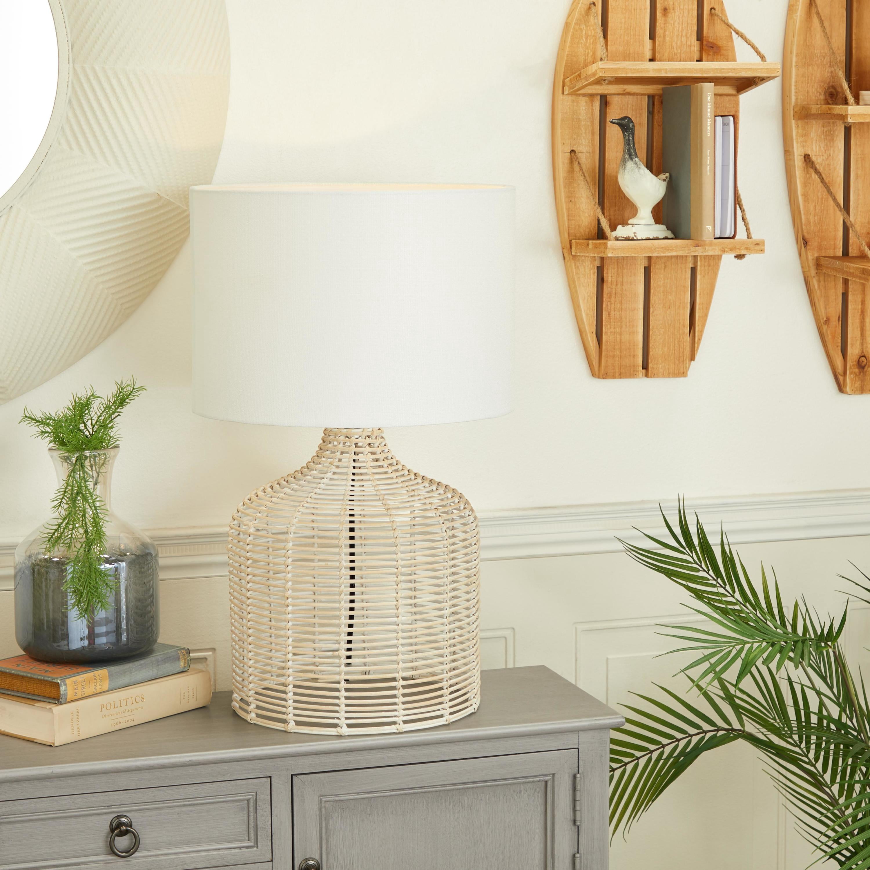 DecMode 25" Handmade Woven Beige Table Lamp with White Linen Shade