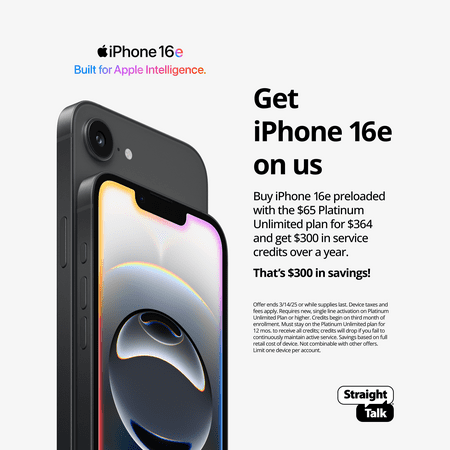 Straight Talk Apple iPhone 16E Bundle w Platinum Unlimited 30-Day Plan, 5G, 128GB, Black - Prepaid Smartphone [Locked to Straight Talk]