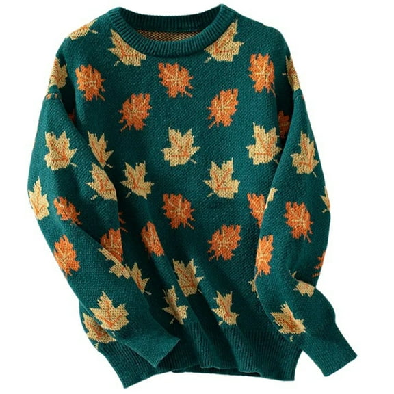 Ladies Fashionable Maple Leaf Pattern Knit Top Acrylic Sweater Autumn Winter Long Sleeve Crewneck Loose Pullover Jumper