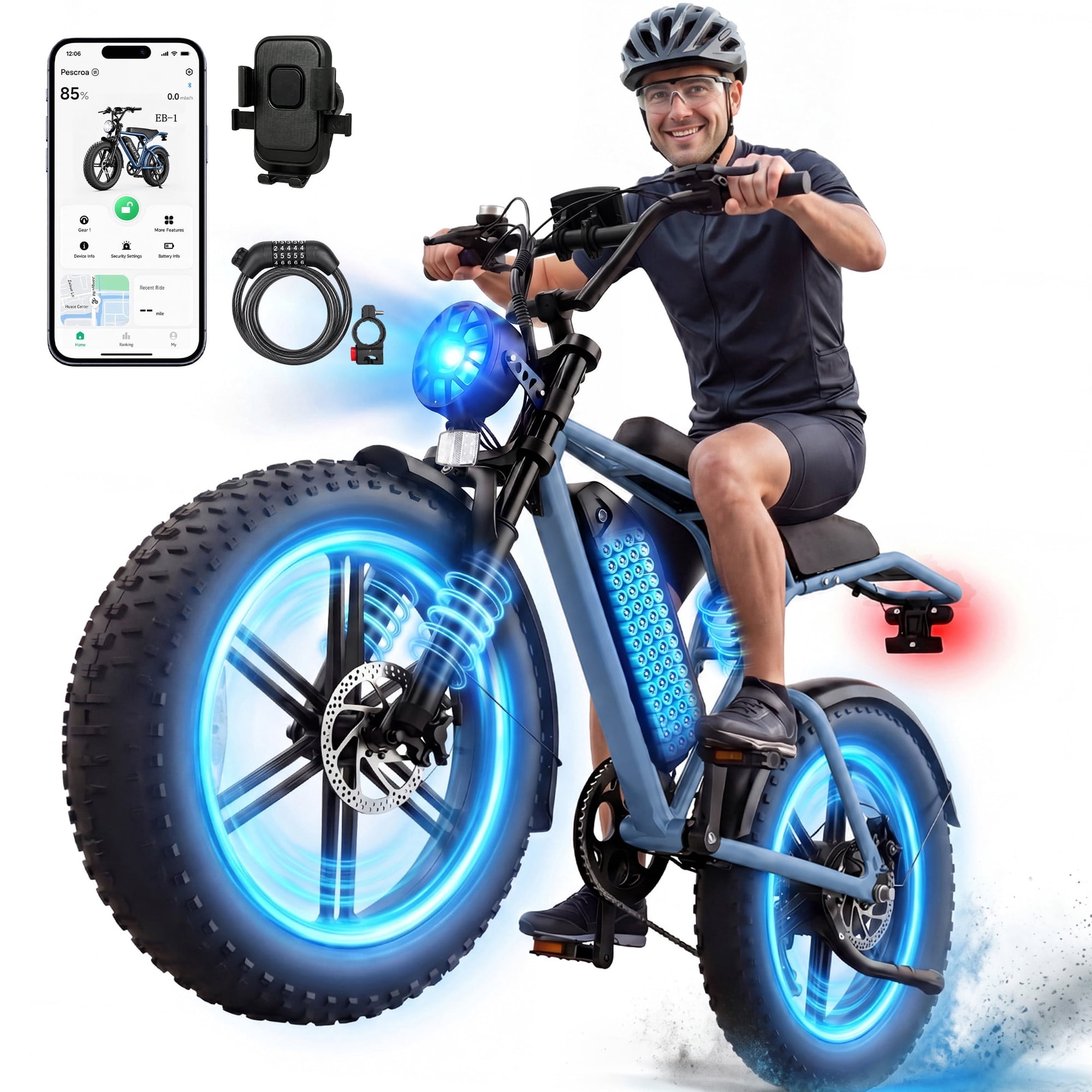 Pescroa E-Bikes for Adults, 750W Motor Electric Bike for Adults, 20" Fat Tire Electric Bike with 70-90 Miles, 7-Speed Electric Mountain Bike with APP Control