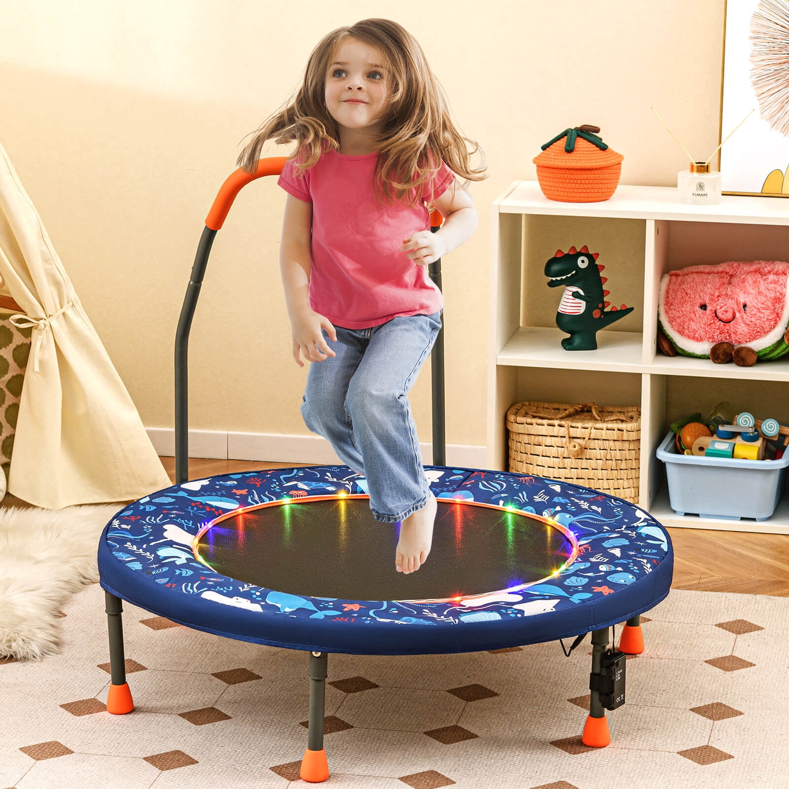 Infans 36" Foldable Kid Trampoline w/ 20 LED Lights Foam Handlebar Padded Safety Cover