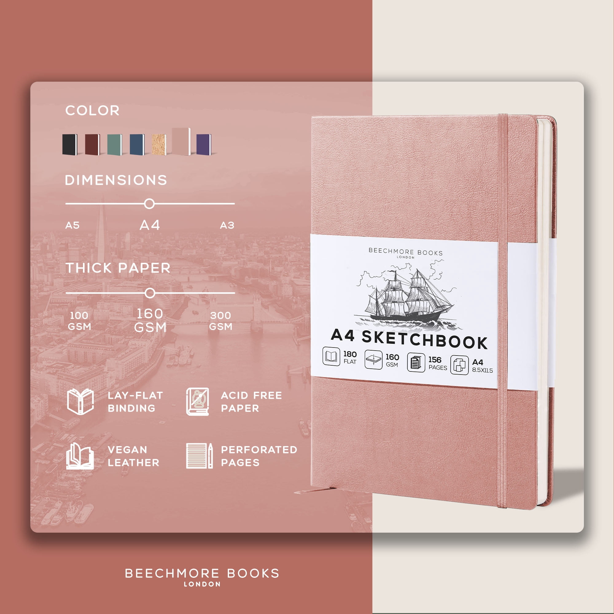 Beechmore Books A4 Sketchbook – 8.5x11" Premium Vegan Leather Bound Large Sketch Book Hardcover With 156 Thick 160gsm Perforated Ivory Pages, Blank Sketch Pad, Gift Boxed, Back Pocket Ribbon Bookmark
