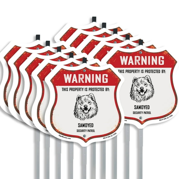 Warning This Property is Protected by Samoyed (10 Pack) 12 inch X 12 inch Shield Shaped Rust-Free Aluminum Metal Signs with Aluminum Mounting Stakes Weather Resistant Made in the USA
