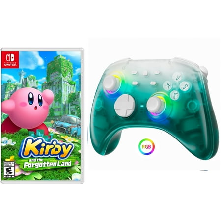 Kirby and the Forgotten Land Game Disc and Upgraded Switch Pro Controller for Nintendo Switch/PC/IOS/Android/Steam with Hall Effect Joysticks & Triggers Green