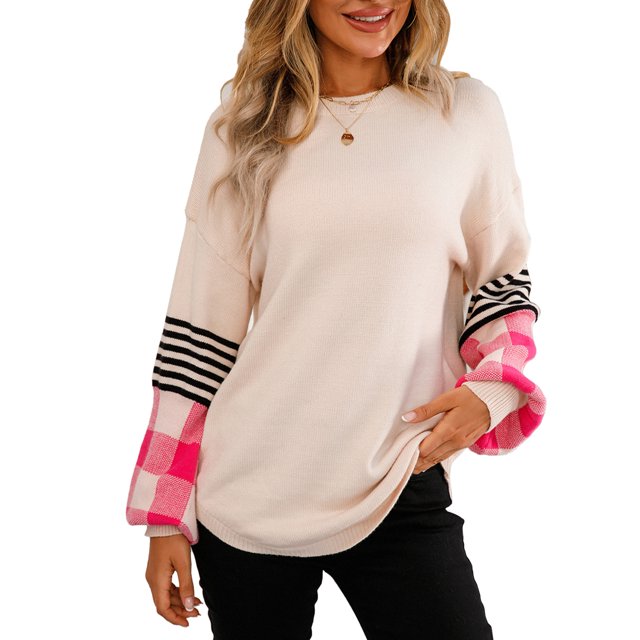 Suéter Hombro Caído Manga Larga Cuello Redondo Cuadros Rayas Impresión Tops para Mujer