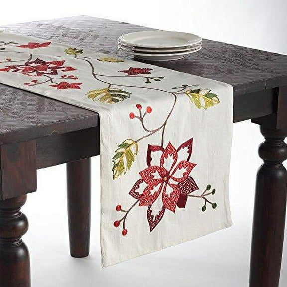 Fennco Styles Florentine Spice Embroidered Poinsettia Cotton Table Runner (14"x72" Table Runner)