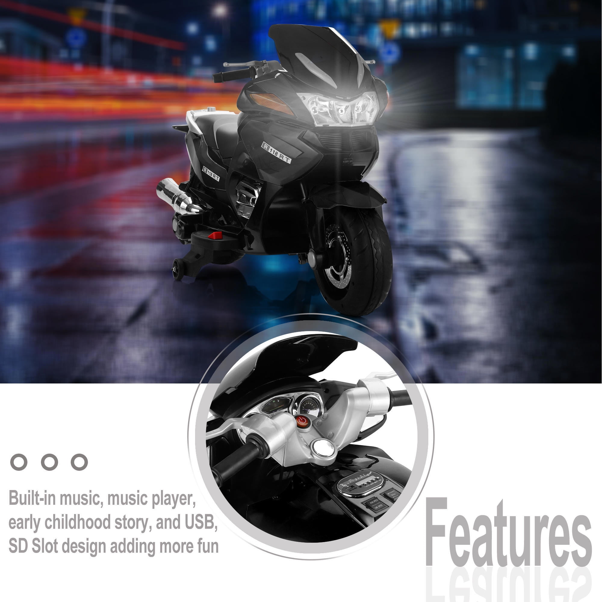 12V Boys Motorcycle, Children Battery Motor Bikes, Rechargeable 3 Wheels Ride on Kids Electric Motorcycle