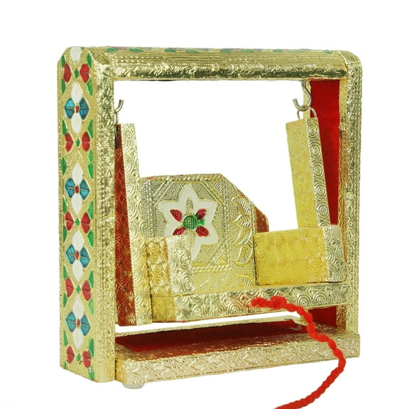 Decorative Laddu Gopal Jhula Wooden Handcrafted Velvet with Golden Work for Bal Gopal Idol/Krishna Jhoola Home Temple Indian Traditional Festival Diwali Decorations(Height Size:-6.5")(Multicolour)
