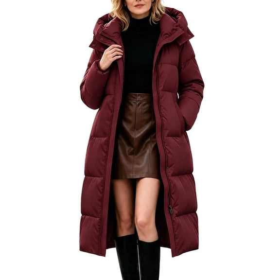 MaFYtyTPR Women's Long Puffer Coat Solid Hooded Zip Up Thick Padded Jackets with Pockets Winter Thermal Overcoats