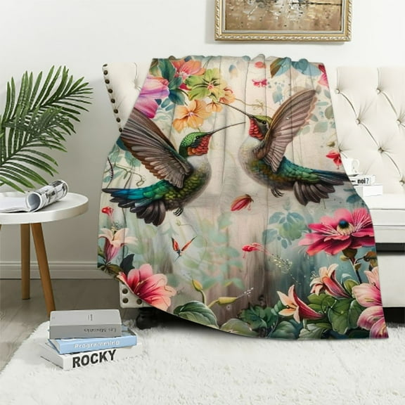 Shiartex Retro Hummingbird Floral Blanket Gifts for Women Soft Warm Lightweight Cozy Spring Flower and Birds Vintage Throw Blankets for Bed Living Room Sofa Couch Valentines Day Decor 40x50in