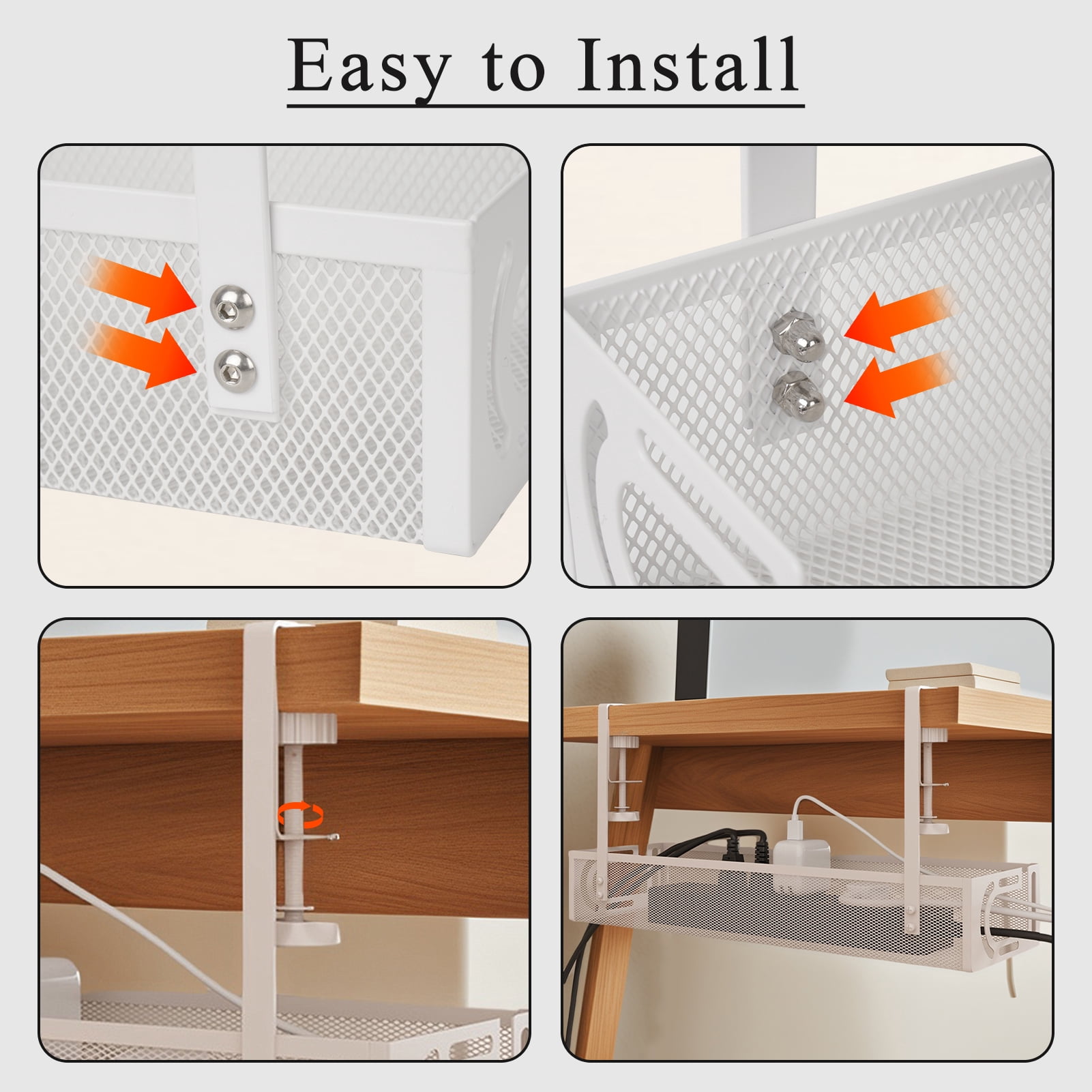 HonorHut Under Desk Cable Management Tray Heavy-Duty Desk Side Storage Basket 2 Hole Power Strip Holder Wire Organizer for Office Home White