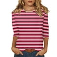 thumbnail image 2 of Women's Crew Neck 3/4 Sleeve Striped Print Top, Contrast Trim Casual Slim Fit Basic T-Shirt Blouse for Spring Summer Daily Wear 08-Red S, 2 of 5