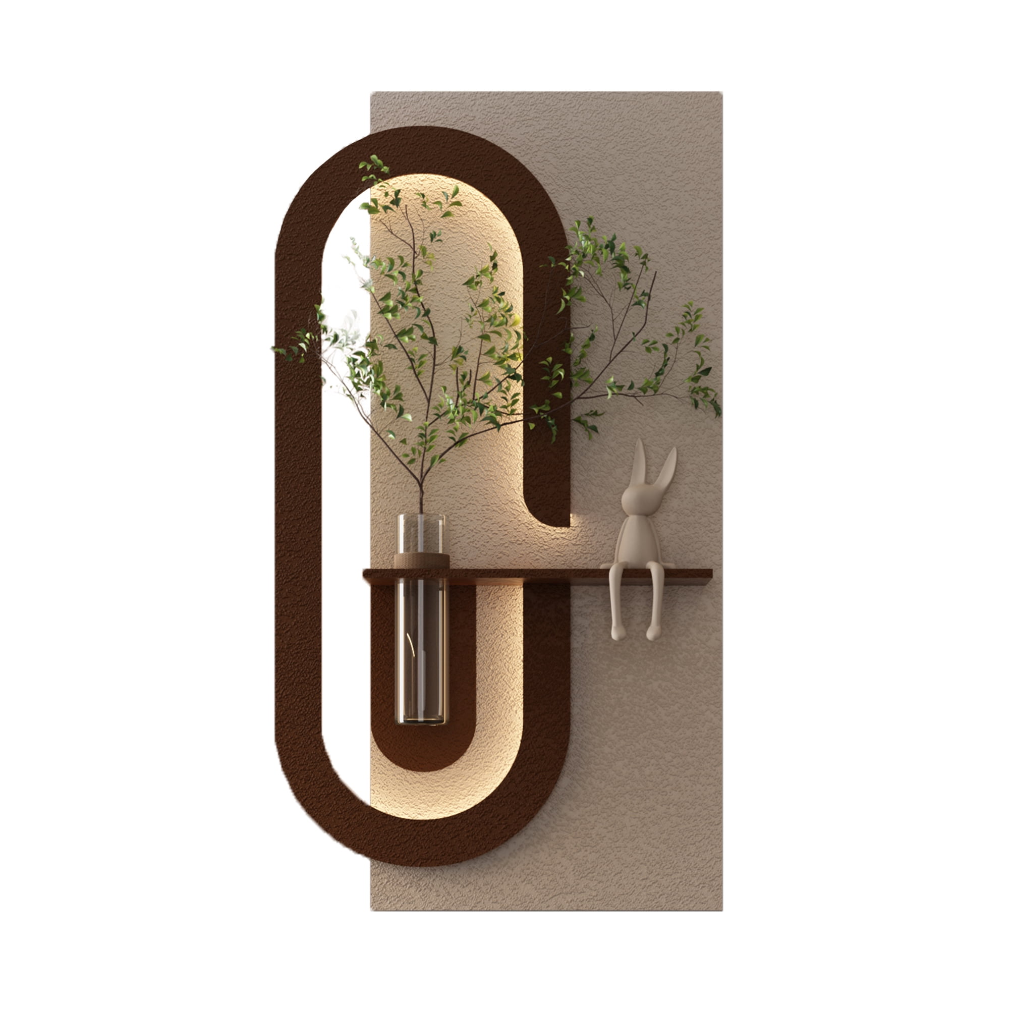 Aukfa 3D Sandstone Wall Art with Artificial Green Plants, LED Wall Decor with Glass Vase & Rabbit Statue, Remote Control for Living Room/Bedroom