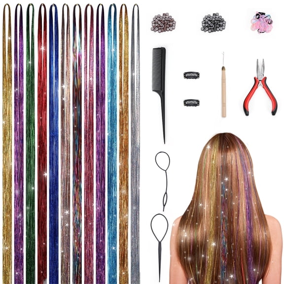 VLAHX 12 Colors Hair Tinsel Kit with Tools 48 Inch 2400 Strands Tinsel Hair Extensions Sparkling Shiny Hair Tinsel Strands Kit for Christmas New Year Cosplay Party