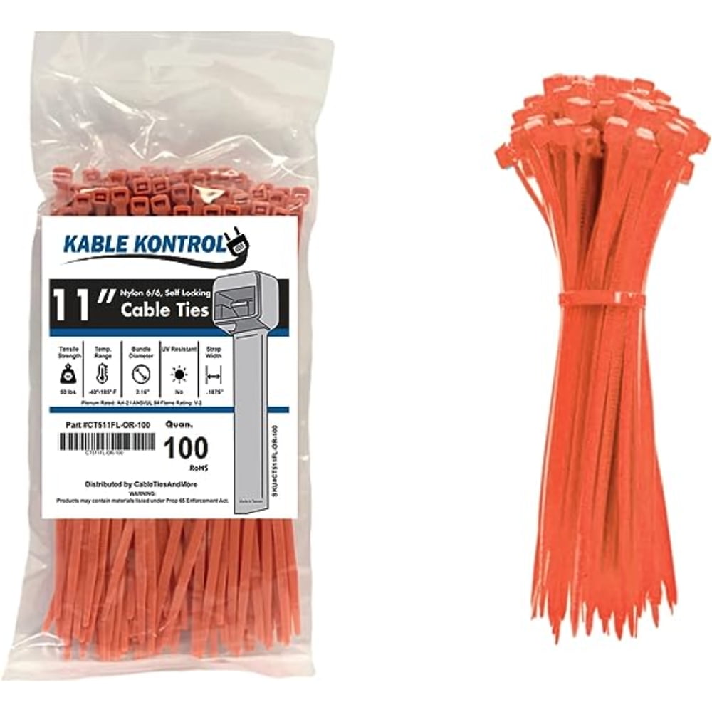 Kable Kontrol Zip Ties 11" Long 100 Pc Pk Fluorescent Orange