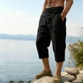 thumbnail image 5 of Men's Cotton Linen Capri Long Utility Stacked Cargo Shorts Below Knee 13 Inches Relaxed Fit Casual Elastic Waist Multi-Pocket Size 3XL Black, 5 of 5