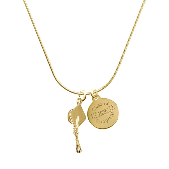 Delight Jewelry Gold-tone Graduation Hat - Engraved Congrats Class of 2026 Charm Necklace, 18"