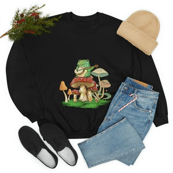 Frog Playing Instrument On Mushroom Sweatshirt (Cottagecore/Mushroom)