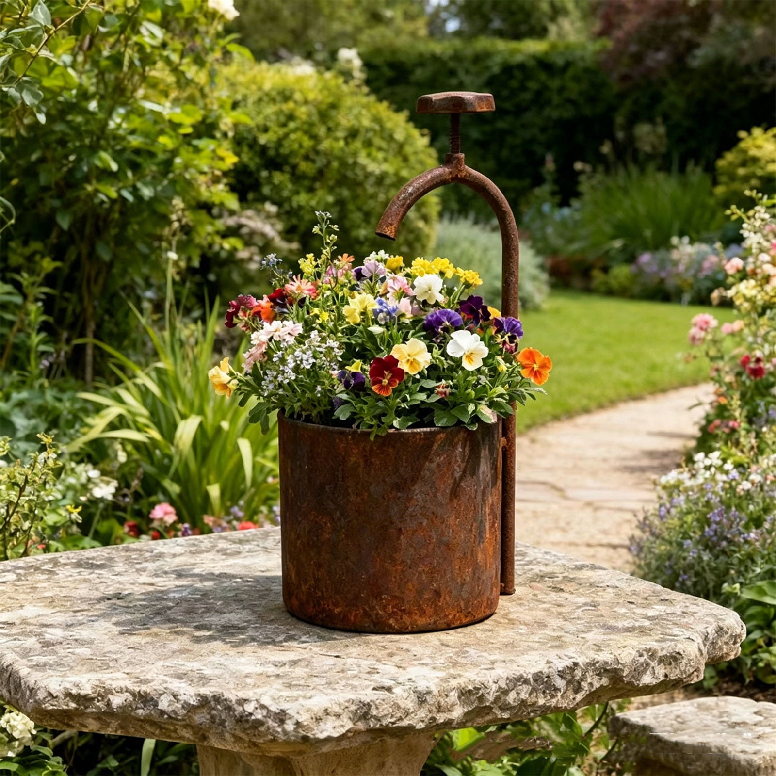 Vintage Iron Watering Can Planter Distressed Rust Finish Metal Flower Pot Garden Decor Wall Mount Tabletop Container for Indoor Outdoor
