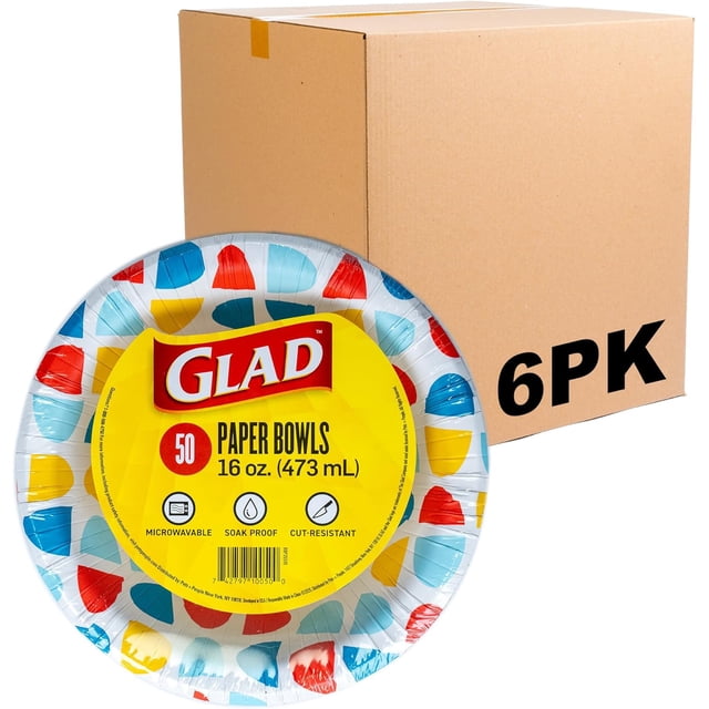 Glad Everyday Disposable Paper Bowls with Semiellipse Abstract Design - Cut-Resistant, Microwavable Bowl for All Foods & Daily Use - 16 oz, 50 Count - 6 Pack